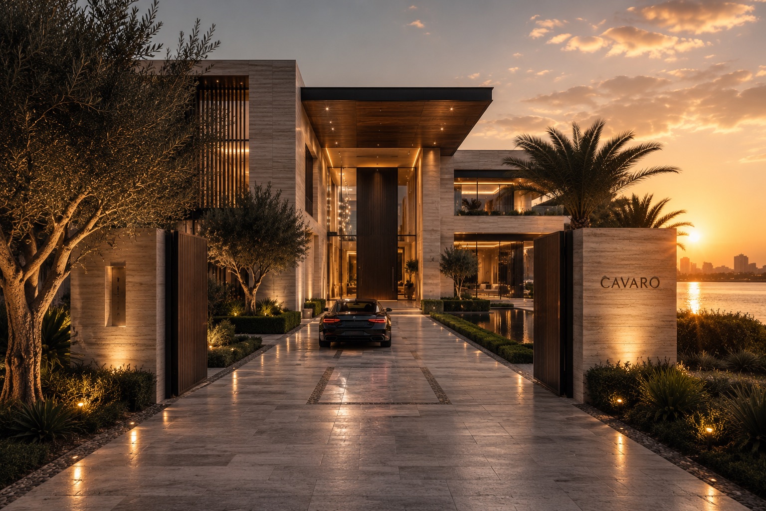CAVARO Signature Residence 01 — waterfront arrival with travertine entrance signage at sunset