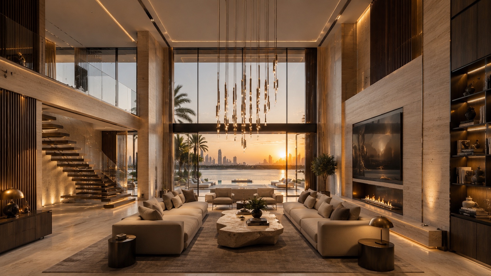 CAVARO Signature Residence 01 — double-height living room with floating stair and skyline view