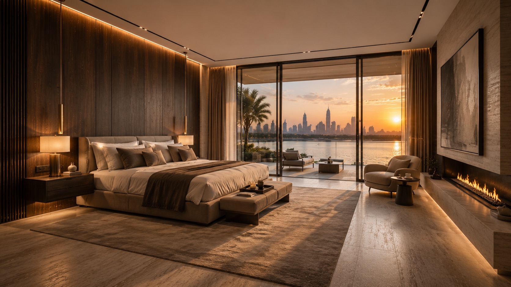 CAVARO Signature Residence 01 — master bedroom with smoked oak wall and skyline view