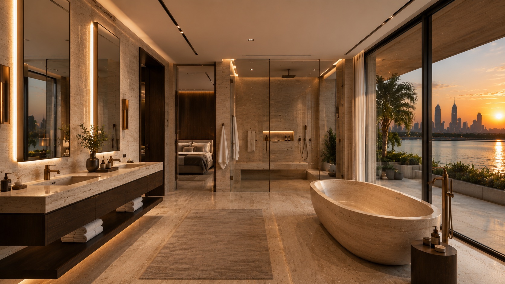 CAVARO Signature Residence 01 — master bathroom in travertine with stone bath