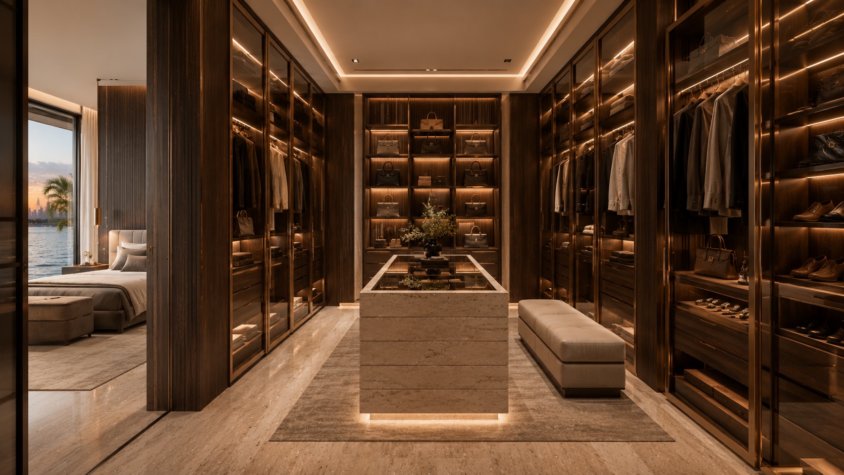 CAVARO Signature Residence 01 — walk-in dressing room with bronze and oak joinery