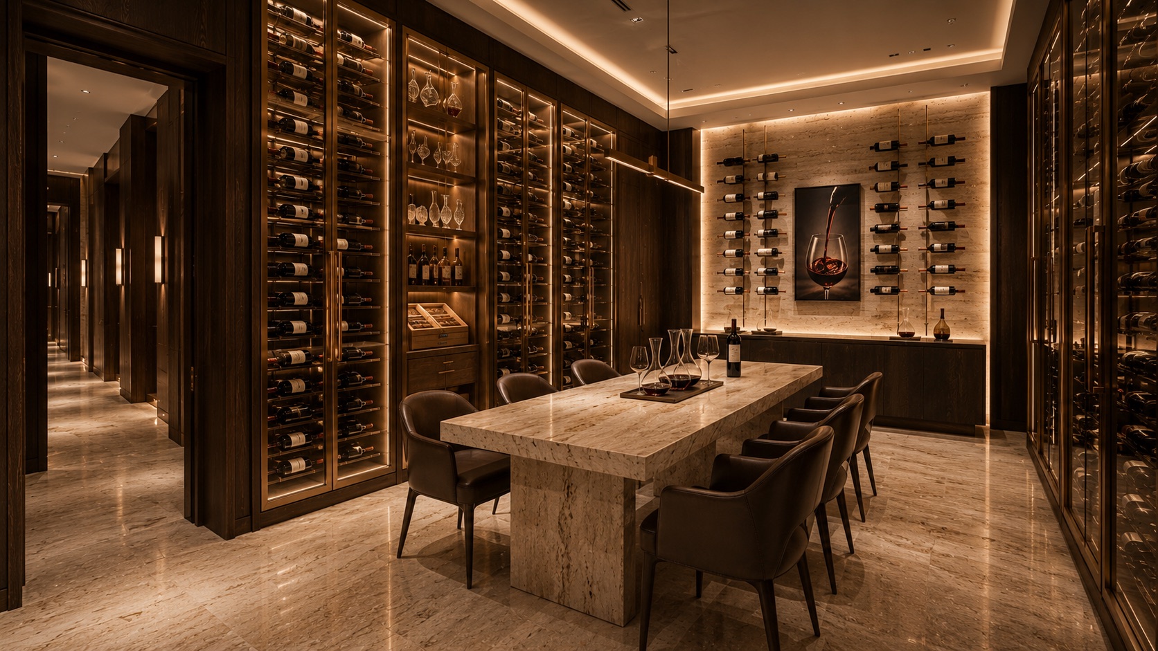 CAVARO Signature Residence 01 — wine room with bronze and oak display