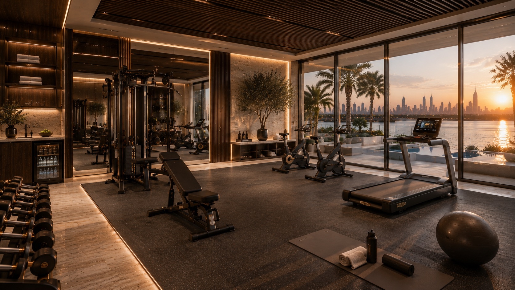 CAVARO Signature Residence 01 — wellness gym with skyline view