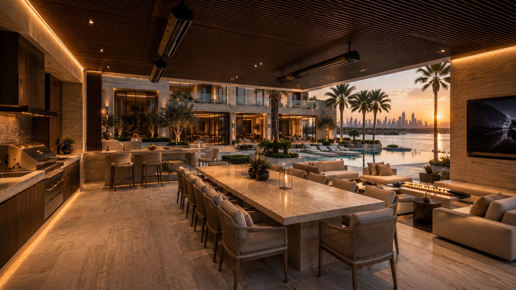CAVARO Signature Residence 01 — outdoor entertaining pavilion and infinity pool at sunset