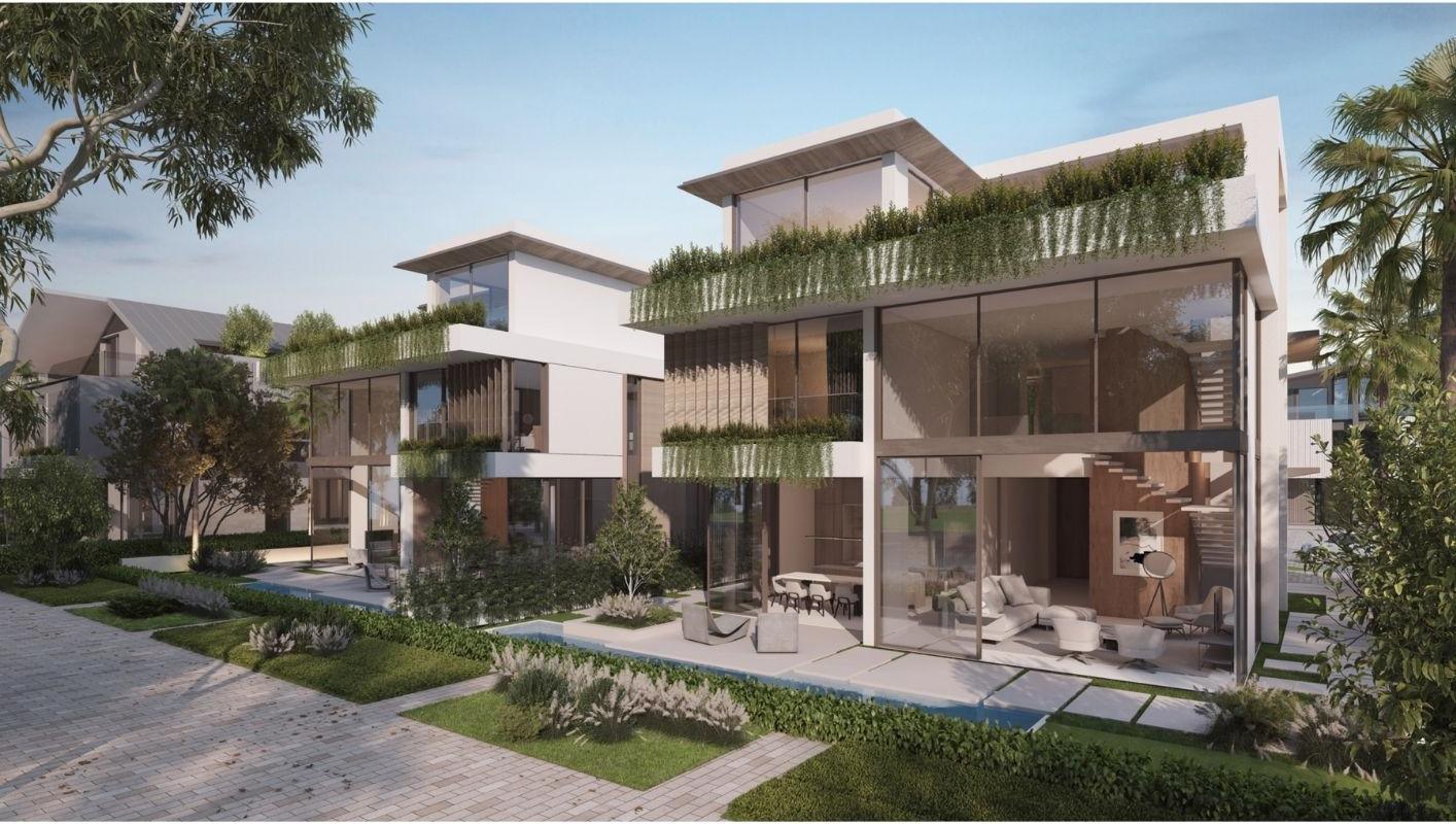 Nad Al Sheba Gardens villa by Meraas, contemporary architecture with green terraces and full-height glazing, developer render